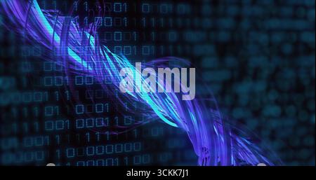 Neon blue and purple data stream twisting diagonally in digital backdrop, with floating binary grid Stock Photo