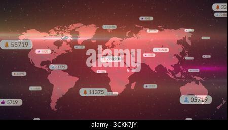 Displaying see-through red world map floating on dark red grid, with data labels, icons, particles Stock Photo