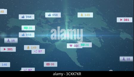 Displaying stylized world map linking nodes via glowing hub on digital screen, notification badges Stock Photo