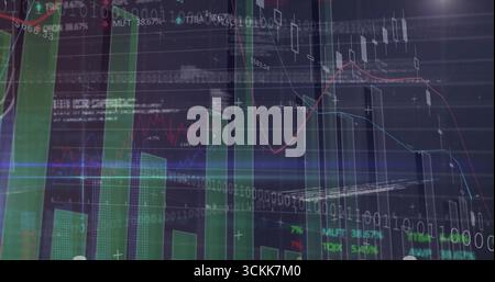 Displaying data in trading interface, with chart elements, binary code, percent labels and grid Stock Photo