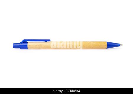 Recycled blue-tipped pen side view symbolizing environmental responsibility and sustainable office supplies design, close up isolated Stock Photo