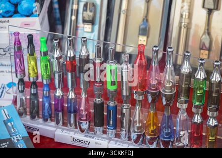 London, UK - 27 February, 2025 - Electronic cigarettes displayed at window of a vape shop Stock Photo