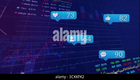 Displaying financial chart on analytics screen, with line graphs, percent labels and social icons Stock Photo