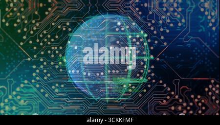 Displaying semi-transparent digital globe rotating in virtual network with PCB traces and nodes Stock Photo
