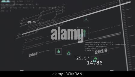 Displaying JavaScript dropRight with floating numeric metrics and analytics icons on code editor Stock Photo