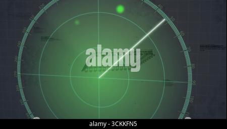 Displaying central microchip outline on radar display, with sweeping beam rotating and green blips Stock Photo