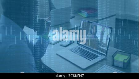 Resting woman in light shirt supporting head at laptop in office, with data overlay, copy space Stock Photo