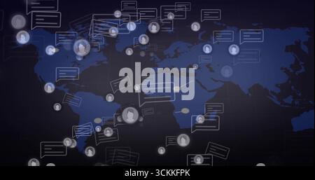 Displaying stylized world map on screen, with avatar icons, chat bubbles and connecting lines Stock Photo
