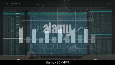 Adult male reviewing code terminal text on transparent digital display at workspace with bar chart Stock Photo