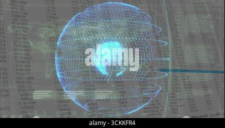 Displaying blue holographic dot-matrix globe glowing on PC dashboard, with scrolling error entries Stock Photo