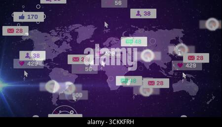 Displaying transparent purple world map over cosmic dashboard, with floating notification icons Stock Photo