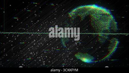 Displaying pixelated Earth globe glitching in interface, with RGB data line and stars, copy space Stock Photo