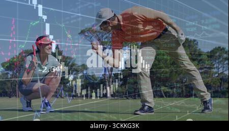 Analyzing couple in polo shirts holding putter examining ball on green, with financial overlay Stock Photo