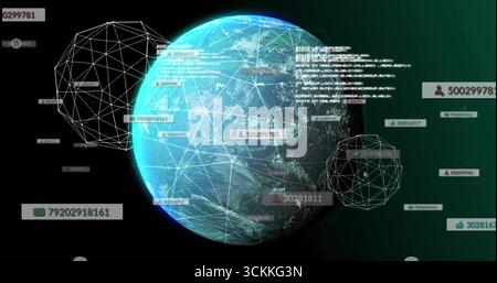 Floating Earth globe projecting white network lines in space, with orbiting nodes and UI elements Stock Photo