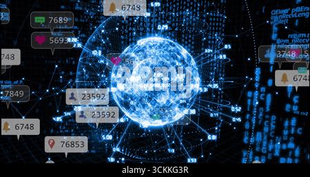 Hovering digital network globe linking nodes in cyberspace, with binary code and notification icons Stock Photo