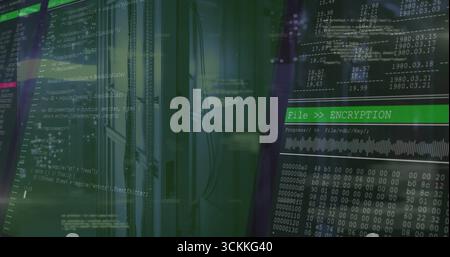 Displaying server rack with cables in data center, showing green code and encryption progress panel Stock Photo
