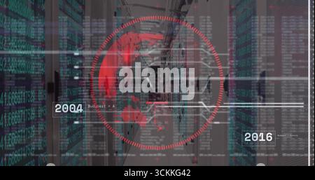 Displaying red interface showing world map in rack corridor, with code streams, timeline markers Stock Photo