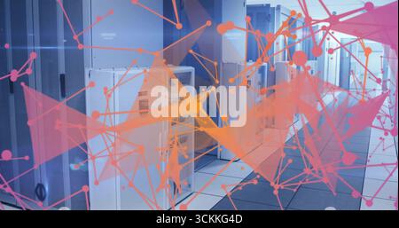 Showing central row of server racks in data center corridor, with network overlay on raised tiles Stock Photo