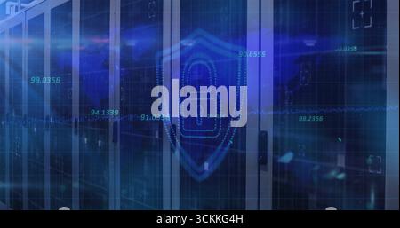 Shield icon with lock hovering in data center, with server racks, LED indicators and grid overlay Stock Photo