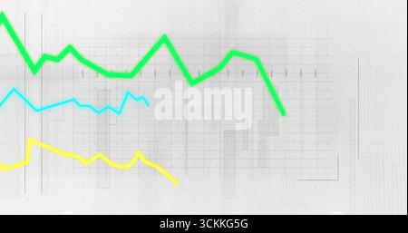 Displaying abstract data panel on white background with green, cyan and yellow line graphs Stock Photo