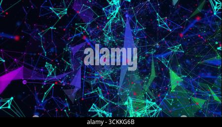 Floating network structure forming glowing nodes and neon lines in digital void, polygon planes Stock Photo