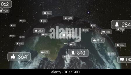 Displaying stylized Earth rendering in orbital space, with floating social media notification icons Stock Photo