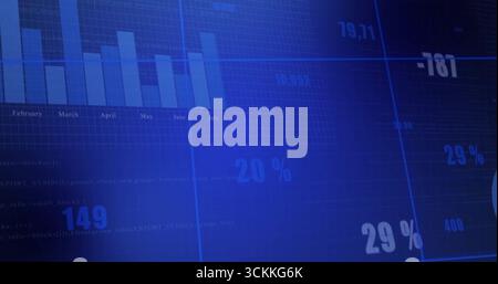 Blue dashboard displaying monthly data in office with bar chart and numeric overlays, copy space Stock Photo