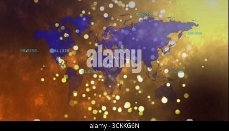 Translucent world map showing data on textured amber background, with glowing bokeh, numeric labels Stock Photo