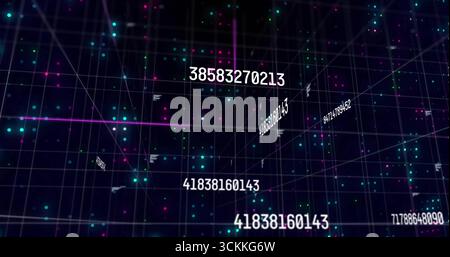 Floating numeric codes and teal pink luminous points filling 3D grid space, with glowing grid lines Stock Photo