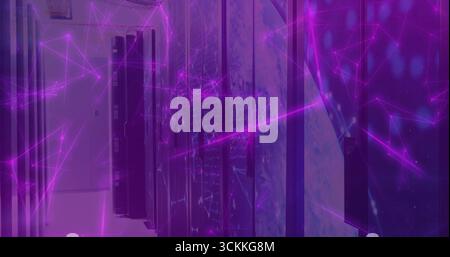 Illuminating black server racks displaying LED lights and network cables in data center corridor Stock Photo