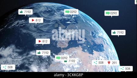 Displaying Earth globe floating in space backdrop, with social media icons and metrics Stock Photo