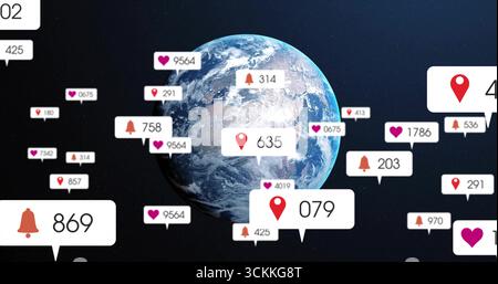 Displaying digital Earth globe orbiting in outer space, with floating notification icons Stock Photo