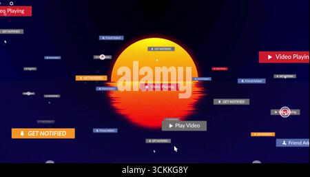 Displaying gradient orb glitching in user interface, showing GET NOTIFIED badges and pointer cursor Stock Photo