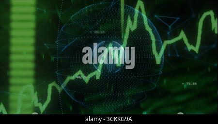 Displaying dotted globe showing green line chart with numeric labels and green bars on dashboard Stock Photo