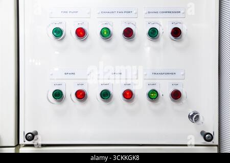Dashboard with buttons to start and stop systems in the ship's engine room. Stock Photo