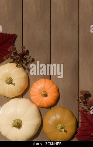 White, orange, and green pumpkins with red leaves arranged on wooden surface for Thanksgiving. 3d rendering Stock Photo