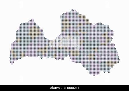 Latvia dotted map. Digital style map of the country on white background. Latvia shape with square dots. Colored dots style. Small size squares. Stock Vector