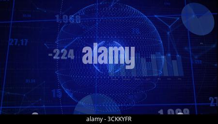 Displaying 3D dotted globe swirling paths in digital dashboard, showing bar chart, floating labels Stock Photo