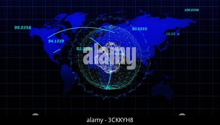 Displaying world map grid overlay on dark backdrop with spherical network, arcs and numeric labels Stock Photo