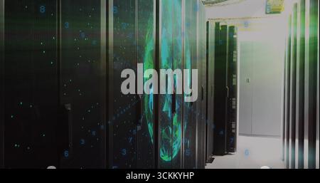 Displaying center aisle lined with black server racks in data center, with hologram overlay Stock Photo
