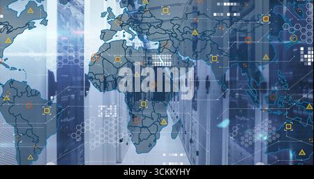 Showing grey server racks glowing with LED indicators in server room, with world map overlay Stock Photo