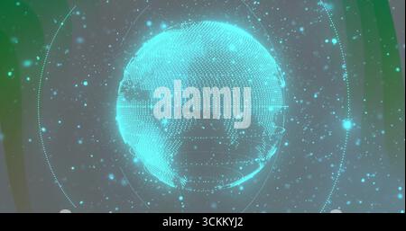 Rotating holographic globe showing floating data points in holographic space, circular grid rings Stock Photo