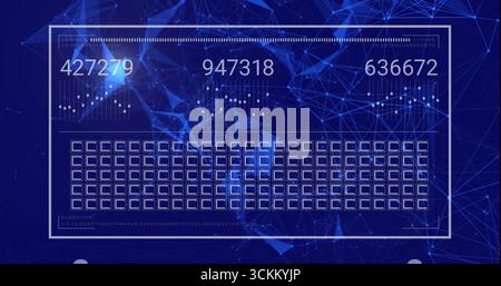 Displaying white overlay rendering numeric codes with bar graphs and grid in blue network backdrop Stock Photo