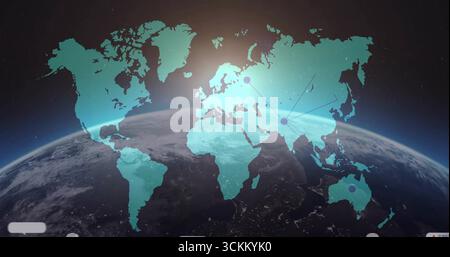 Displaying Earth with map overlay, network nodes with connecting lines in space, showing UI bars Stock Photo