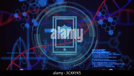 Displaying device outline with shield emblem, UI rings, DNA helix and code text in cyber interface Stock Photo