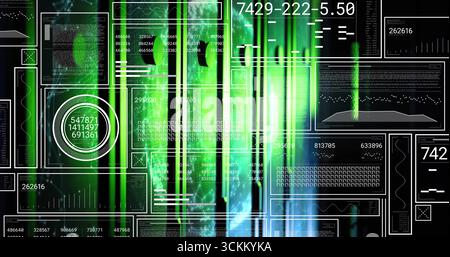 Showing data interface lighting with green beams in HUD, displaying numeric sequences and panels Stock Photo