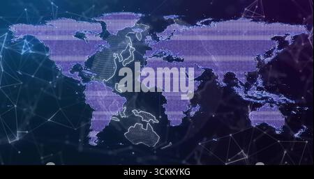 Displaying purple world map on network interface, with dotted grid, mesh lines and node connections Stock Photo