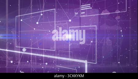 Projecting holographic interface in high-rise room, floating network nodes and data panels Stock Photo
