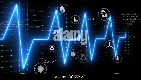 Displaying glowing blue waveform oscillating over grid interface, with CO? icon and code overlay Stock Photo