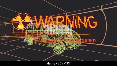 Displaying wireframe van in tunnel with orange WARNING IMMEDIATE ACTION REQUIRED, radiation icon Stock Photo